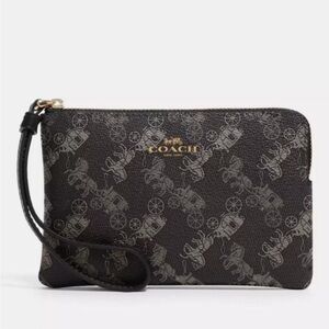 Coach Corner Zip Wristlet Wallet with Horse & Carriage Print Black Grey